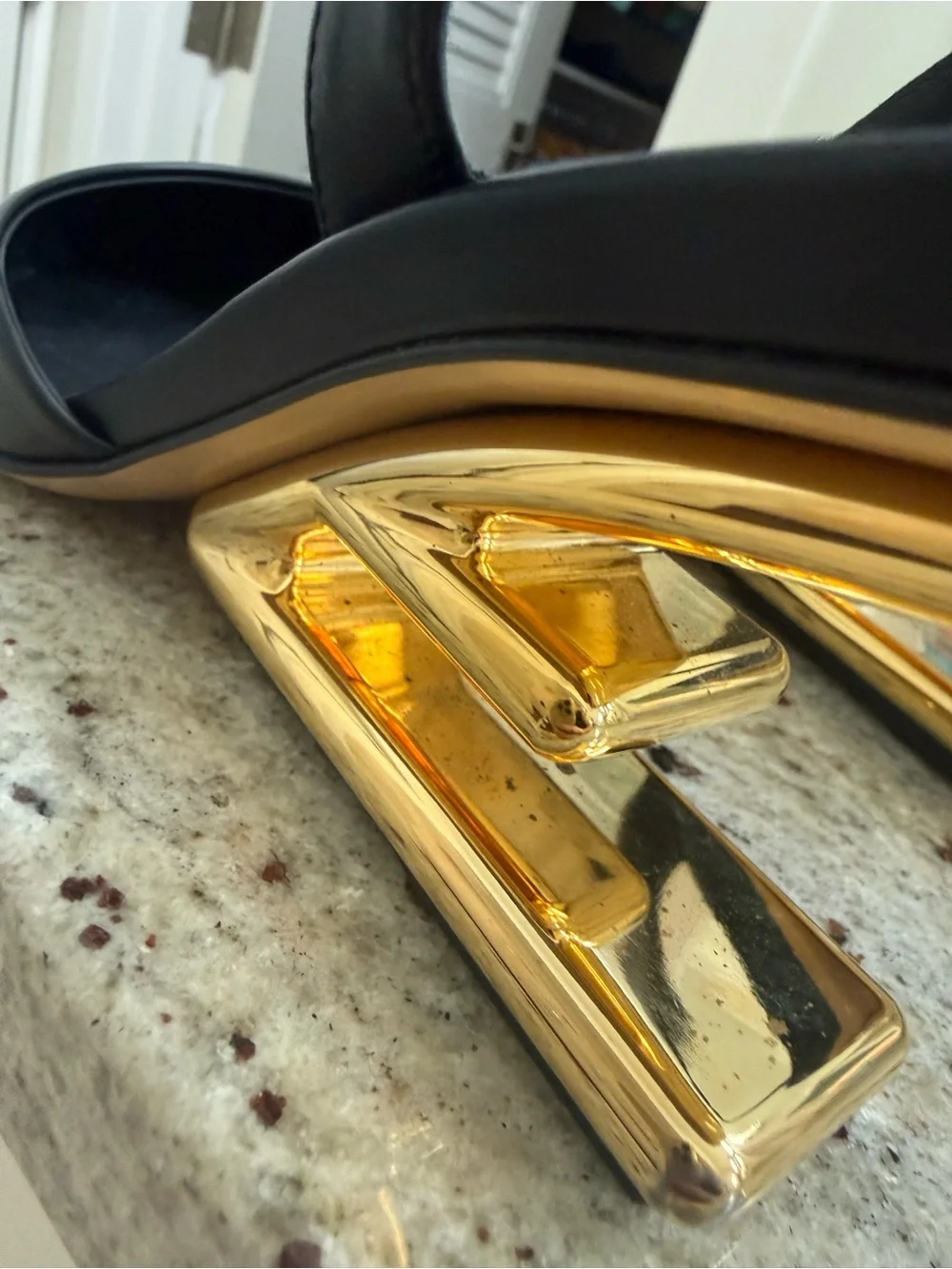 Fendi Black Leather Slingbacks with Gold F Sculptural Heel Accents